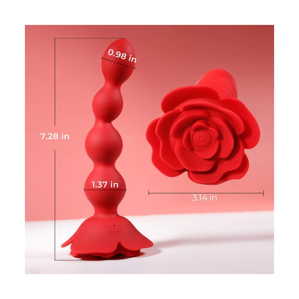 Czerwone silikonowe koraliki analne z pilotem w kształcie róży- z funkcją obrotową