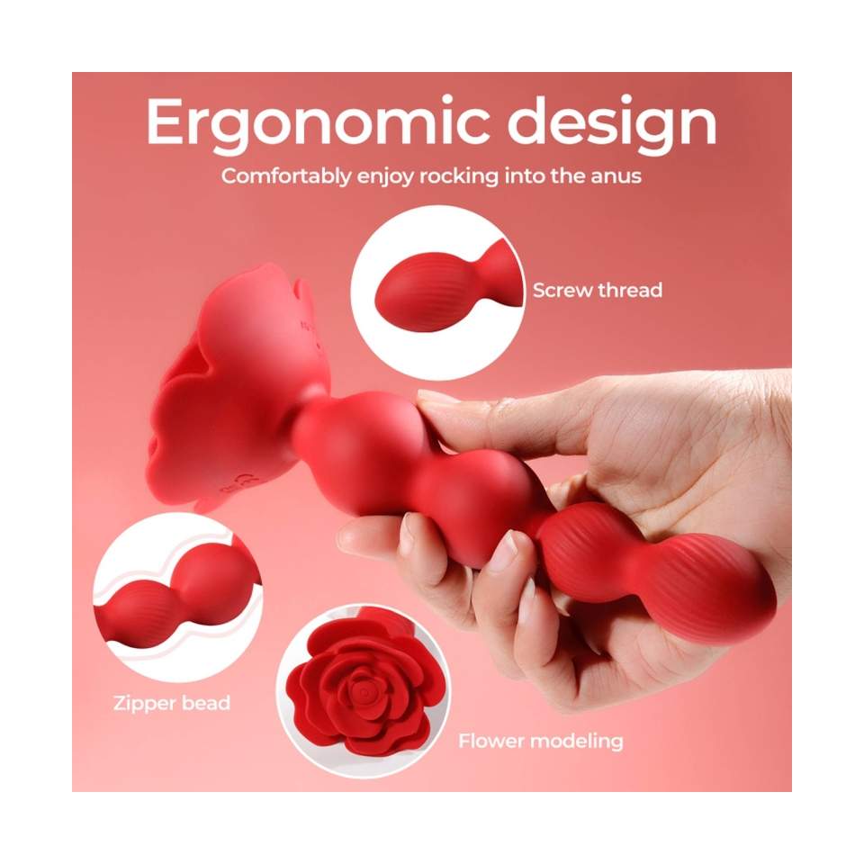 Czerwone silikonowe koraliki analne z pilotem w kształcie róży- z funkcją obrotową