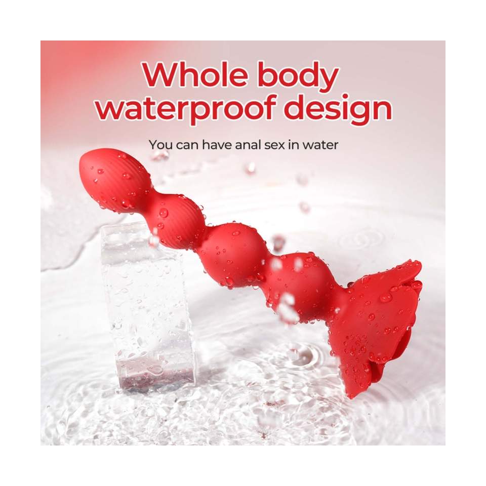 Czerwone silikonowe koraliki analne z pilotem w kształcie róży- z funkcją obrotową