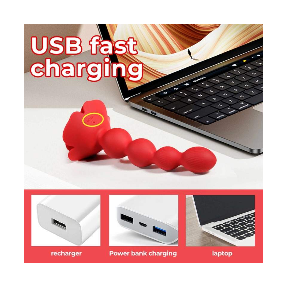 Czerwone silikonowe koraliki analne z pilotem w kształcie róży- z funkcją obrotową