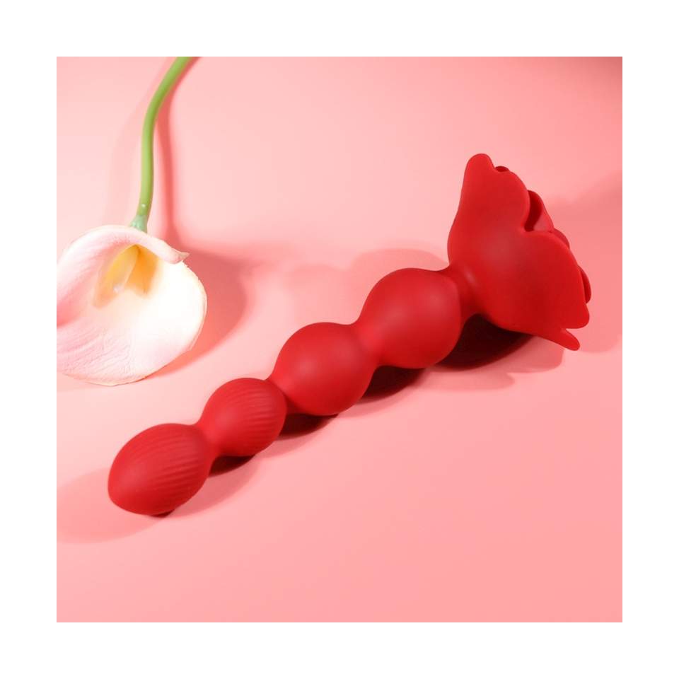 Czerwone silikonowe koraliki analne z pilotem w kształcie róży- z funkcją obrotową