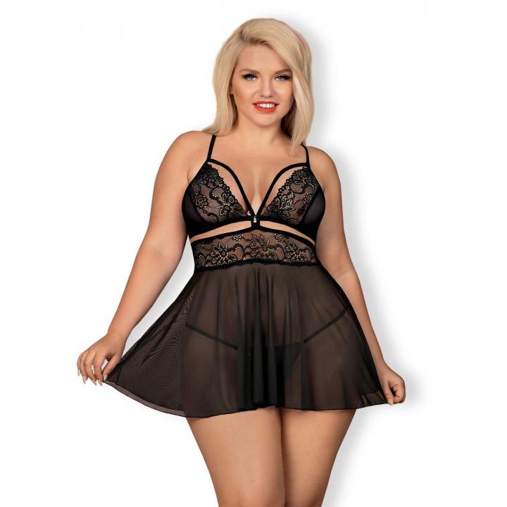 Czarna koszulka babydoll Obsessive 838-BAB w komplecie ze stringami