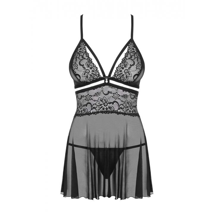 Czarna koszulka babydoll Obsessive 838-BAB w komplecie ze stringami