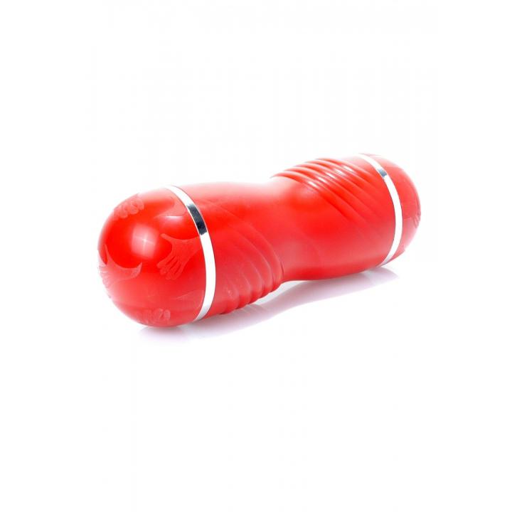 Masturbator w kolorze czerwonym z prążkowanym węwnętrzym tunelem- podwójna rozkocz: usta-wagina: 21cm