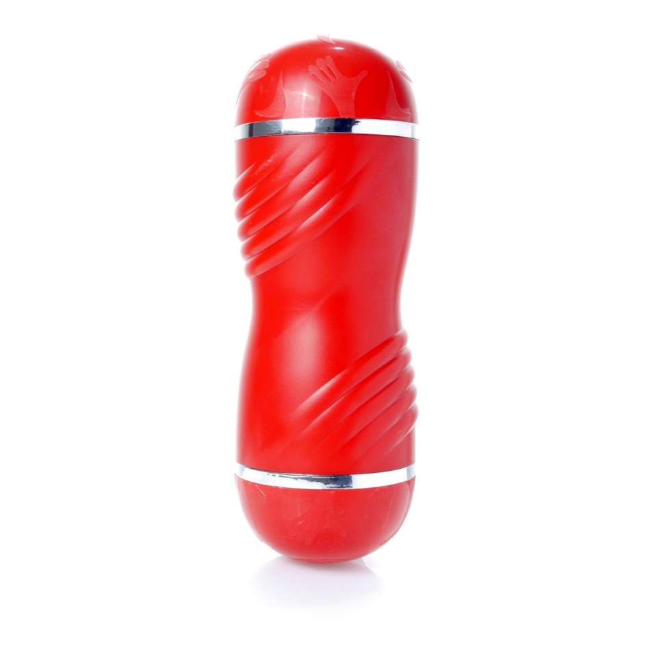 Masturbator w kolorze czerwonym z prążkowanym węwnętrzym tunelem- podwójna rozkocz: usta-wagina: 21cm