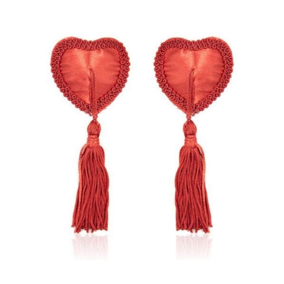 Urocze, samoprzylepne nakładki na sutki w kształcie serduszka z frędzelkami w kolorze czerwonym