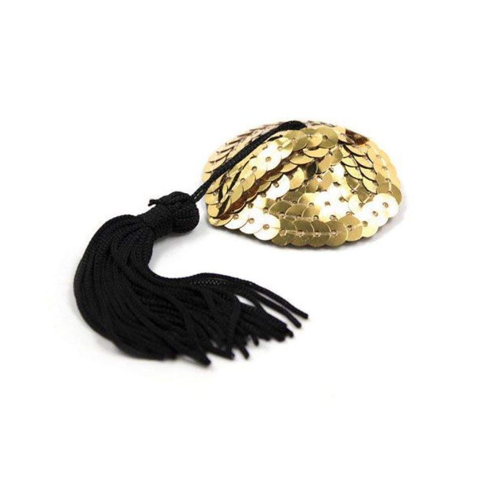 Urocze, samoprzylepne nakładki na sutki w kształcie serduszka z frędzelkami w złtym kolorze