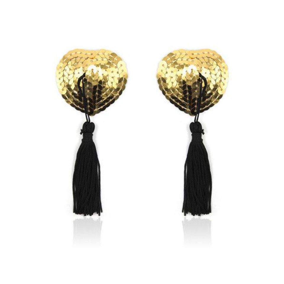 Urocze, samoprzylepne nakładki na sutki w kształcie serduszka z frędzelkami w złtym kolorze