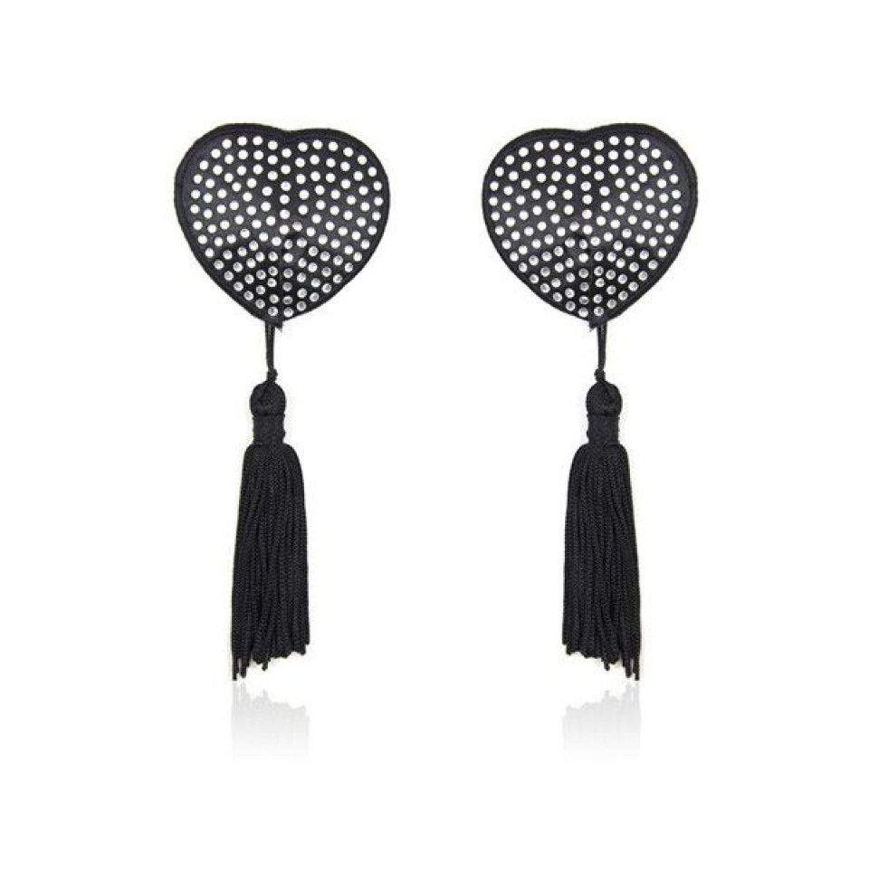 Urocze, samoprzylepne nakładki na sutki w kształcie serduszka z frędzelkami zdobione błyszczącymi kryształkami