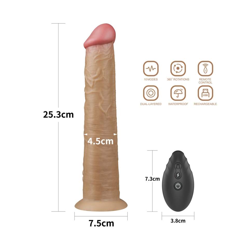 Realistyczne silikonowe dildo: 10 trybów wibracji i obrotów,  zdalnie sterowane oraz ładowanie USB- 25,3cm