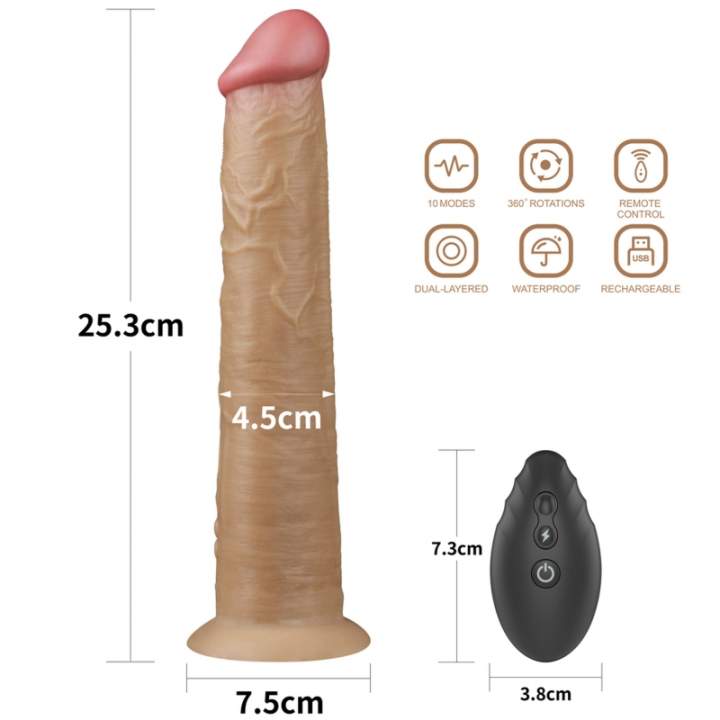 Realistyczne silikonowe dildo: 10 trybów wibracji i obrotów,  zdalnie sterowane oraz ładowanie USB- 25,3cm