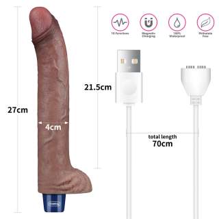 Realistyczny wodoodporny silikonowy wibrator: 10 trybów potężnych wibracji, ładowanie USB- 27cm