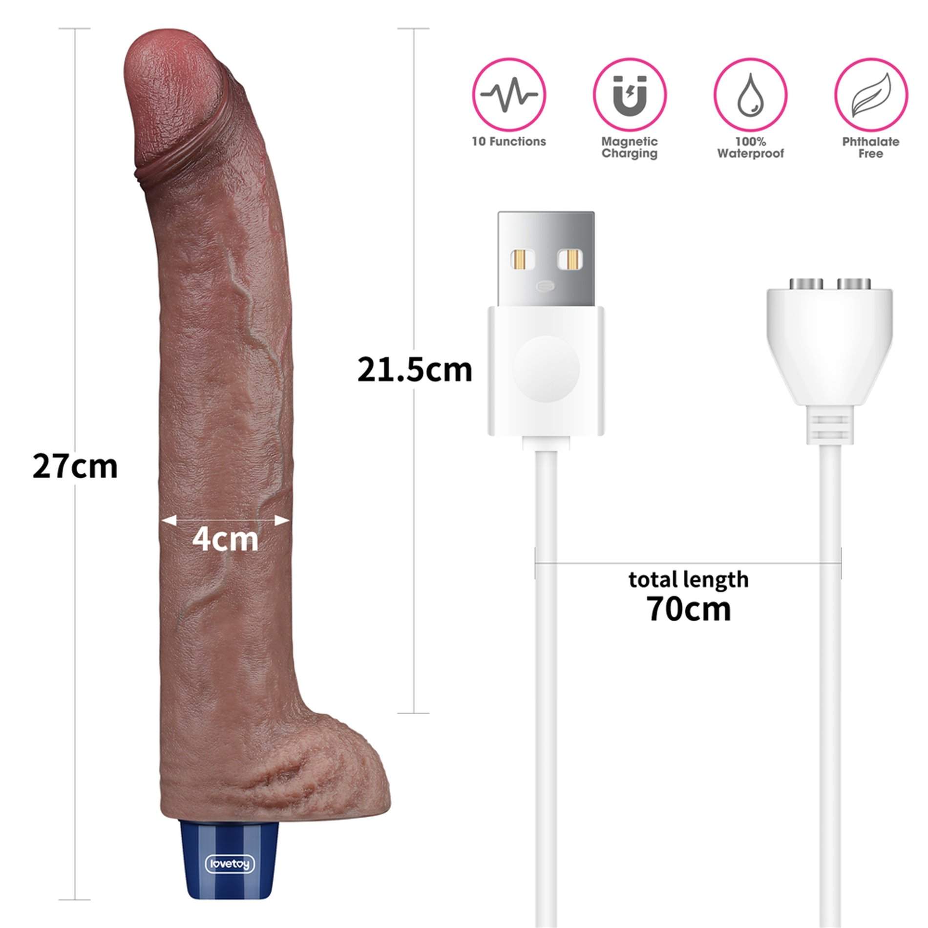 Realistyczne wodoodporne silikonowe dildo: 10 trybów potężnych wibracji, ładowanie USB- 27cm