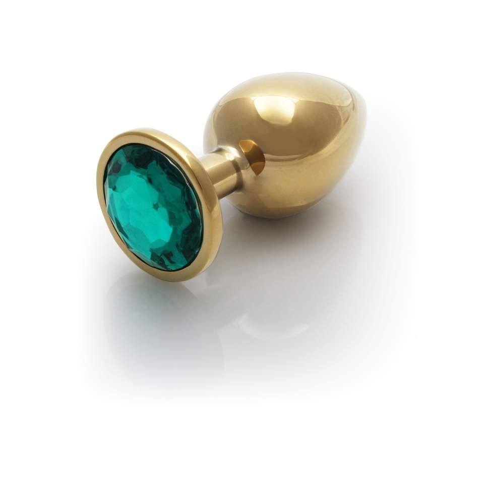 Złoty korek analny z kryształkiem w kolorze zielonym: średnica 2,7cm (rozmiar S)