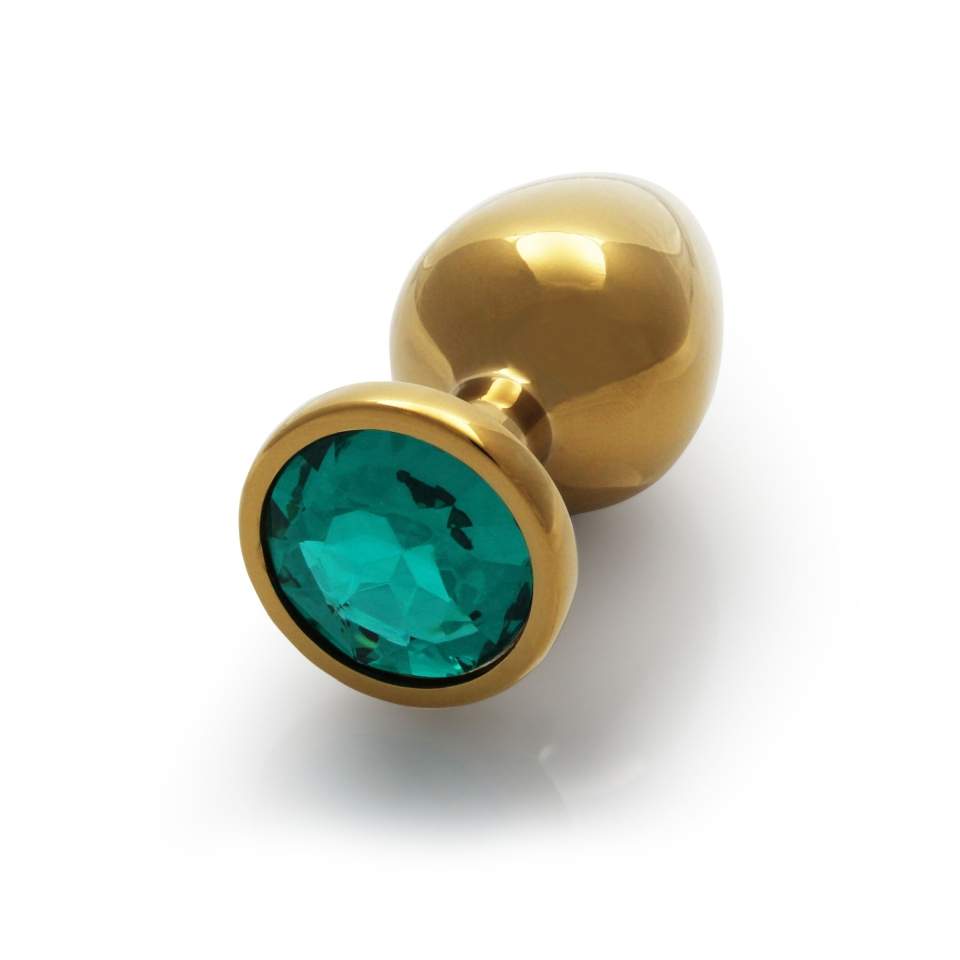 Złoty korek analny z kryształkiem w kolorze zielonym: średnica 2,7cm (rozmiar S)
