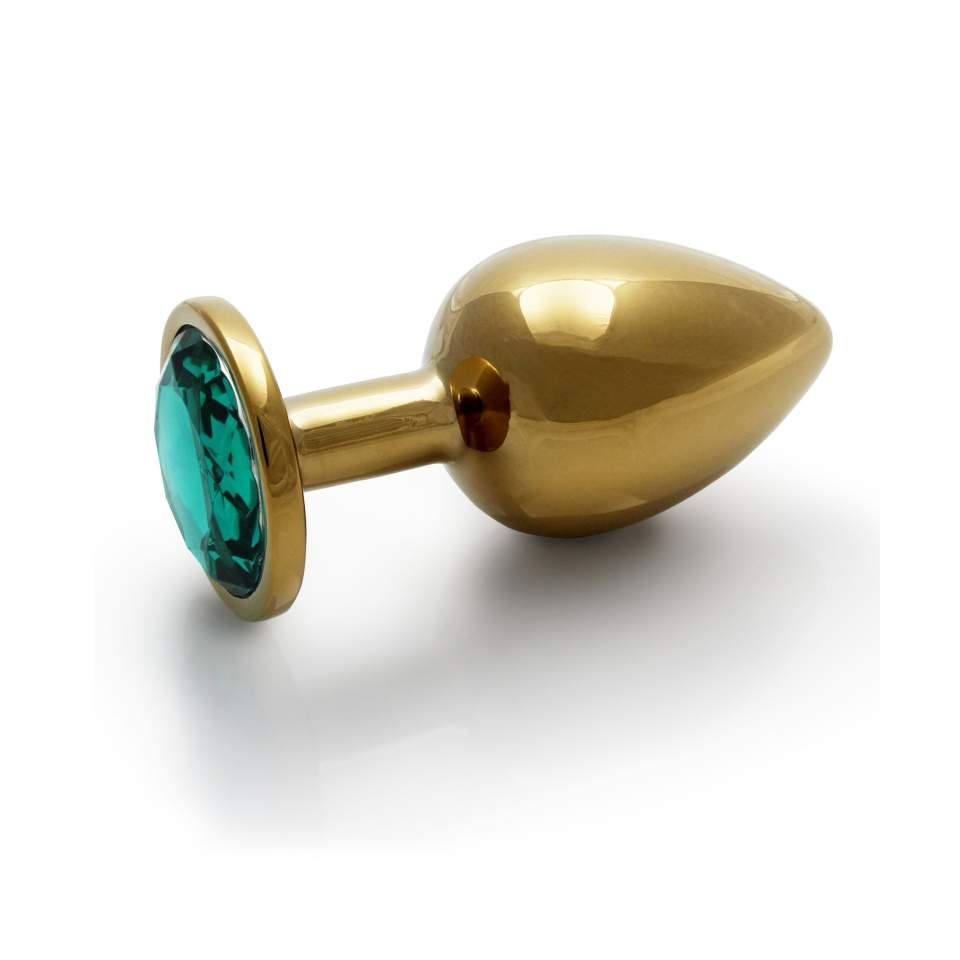 Złoty korek analny z kryształkiem w kolorze zielonym: średnica 2,7cm (rozmiar S)