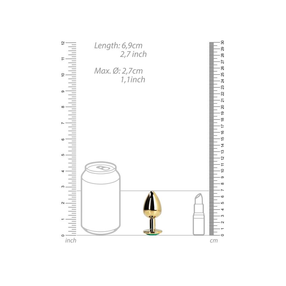 Złoty korek analny z kryształkiem w kolorze zielonym: średnica 2,7cm (rozmiar S)