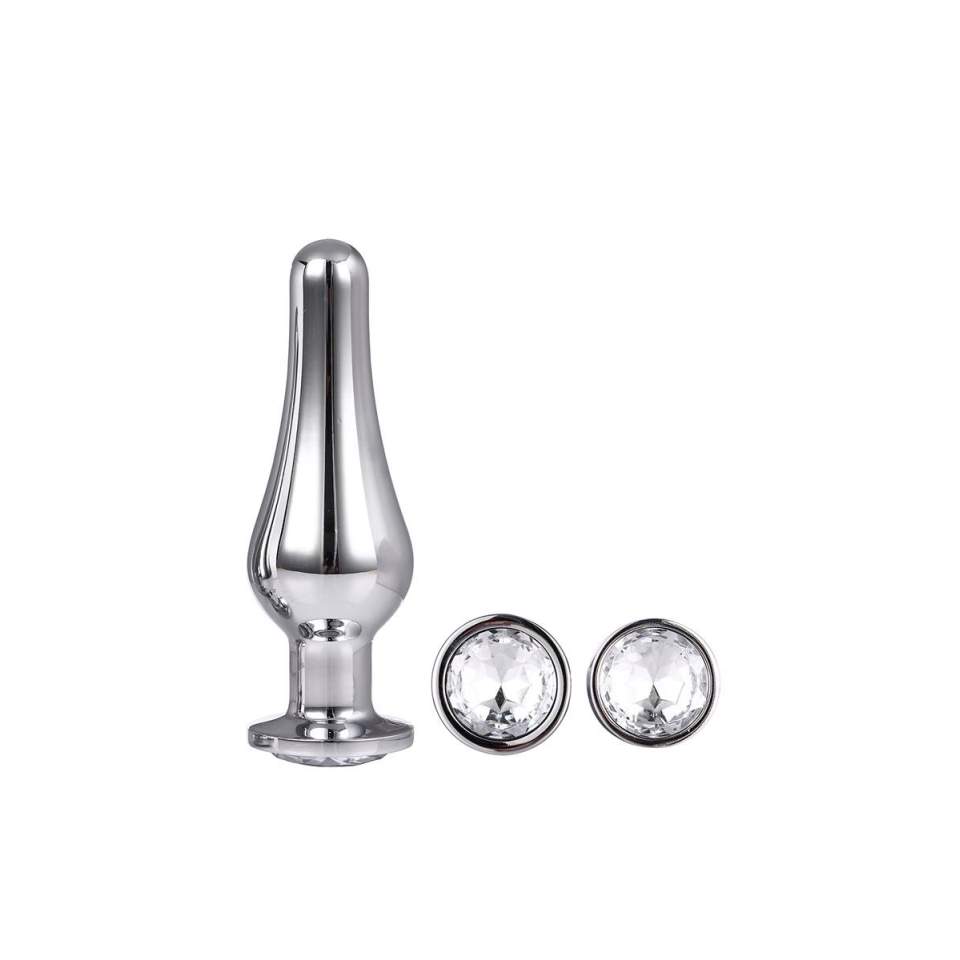 Zestaw stożkowych trzech srebrnych korków analnych z kryształkiem  - w rozmiarze S/M/L