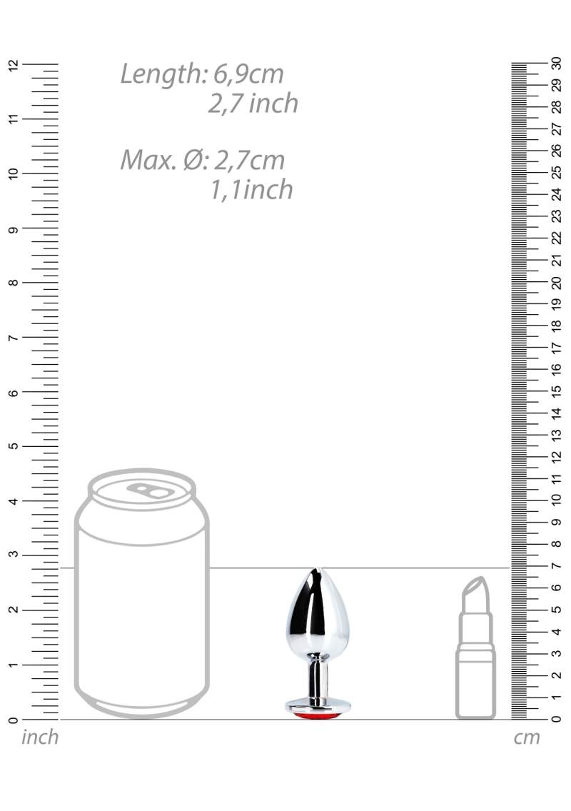 Srebrny korek analny z kryształkiem w kolorze czerwonym: średnica 2,7cm (rozmiar S)