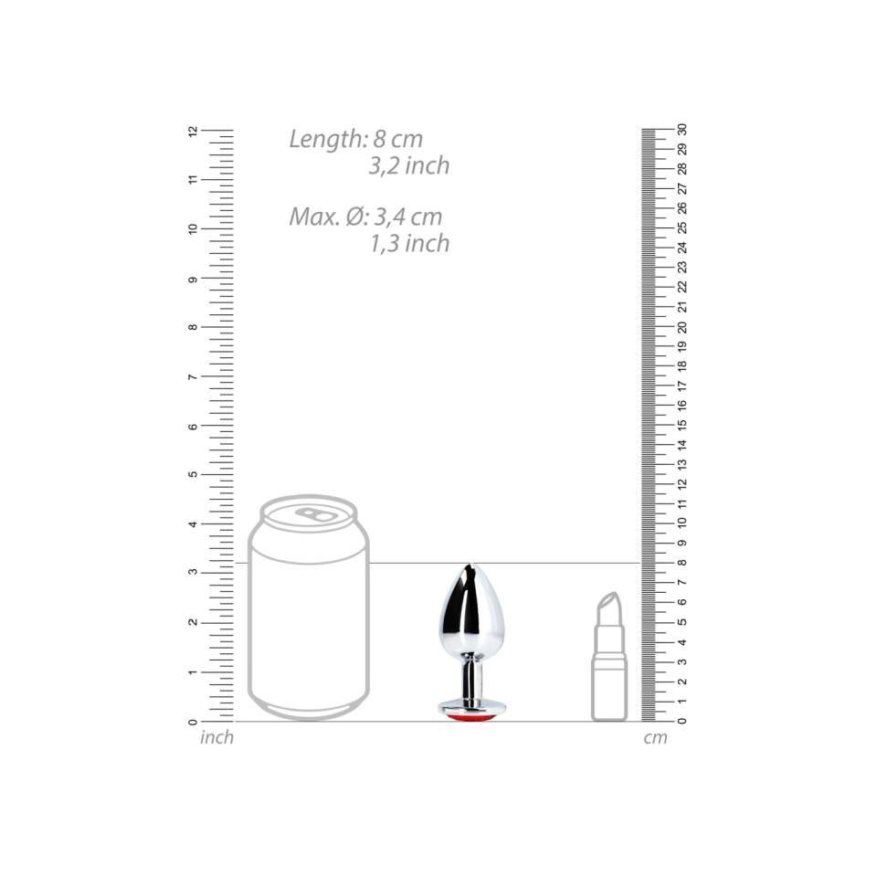 Srebrny korek analny z kryształkiem w kolorze czerwonym: średnica 3,4cm (rozmiar M)