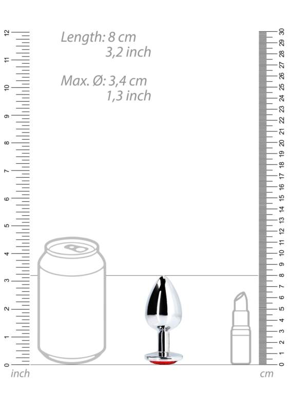 Srebrny korek analny z kryształkiem w kolorze czerwonym: średnica 3,4cm (rozmiar M)