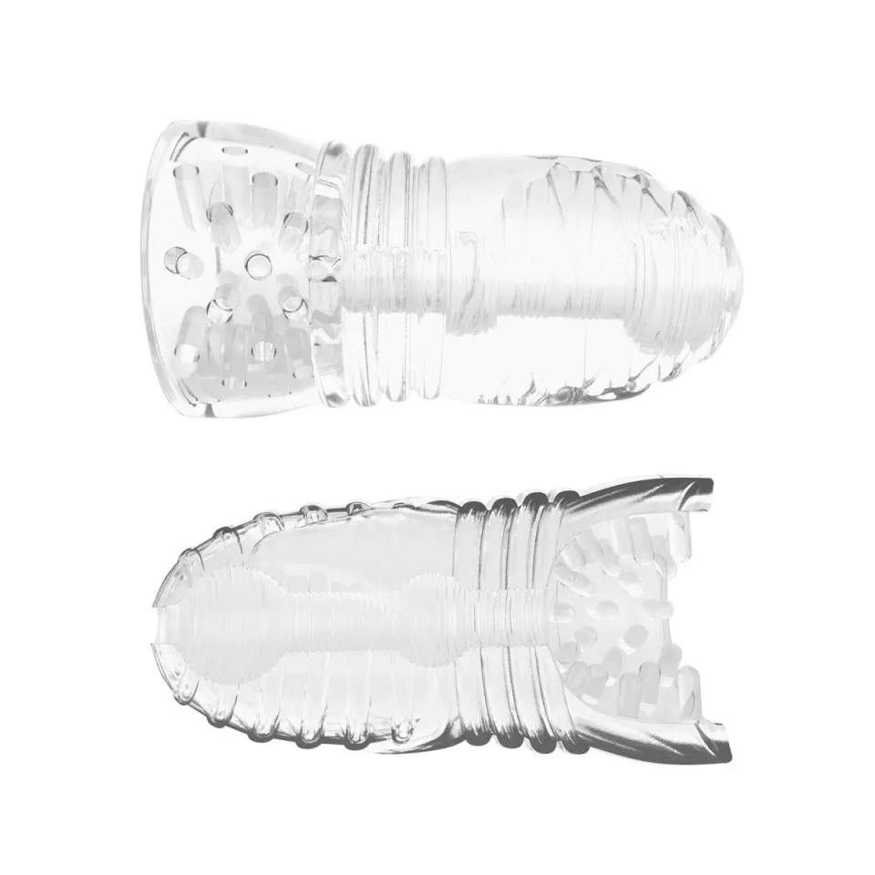 Przezroczysty masturbator z podwójnym otworem i wypustkami dla panów 