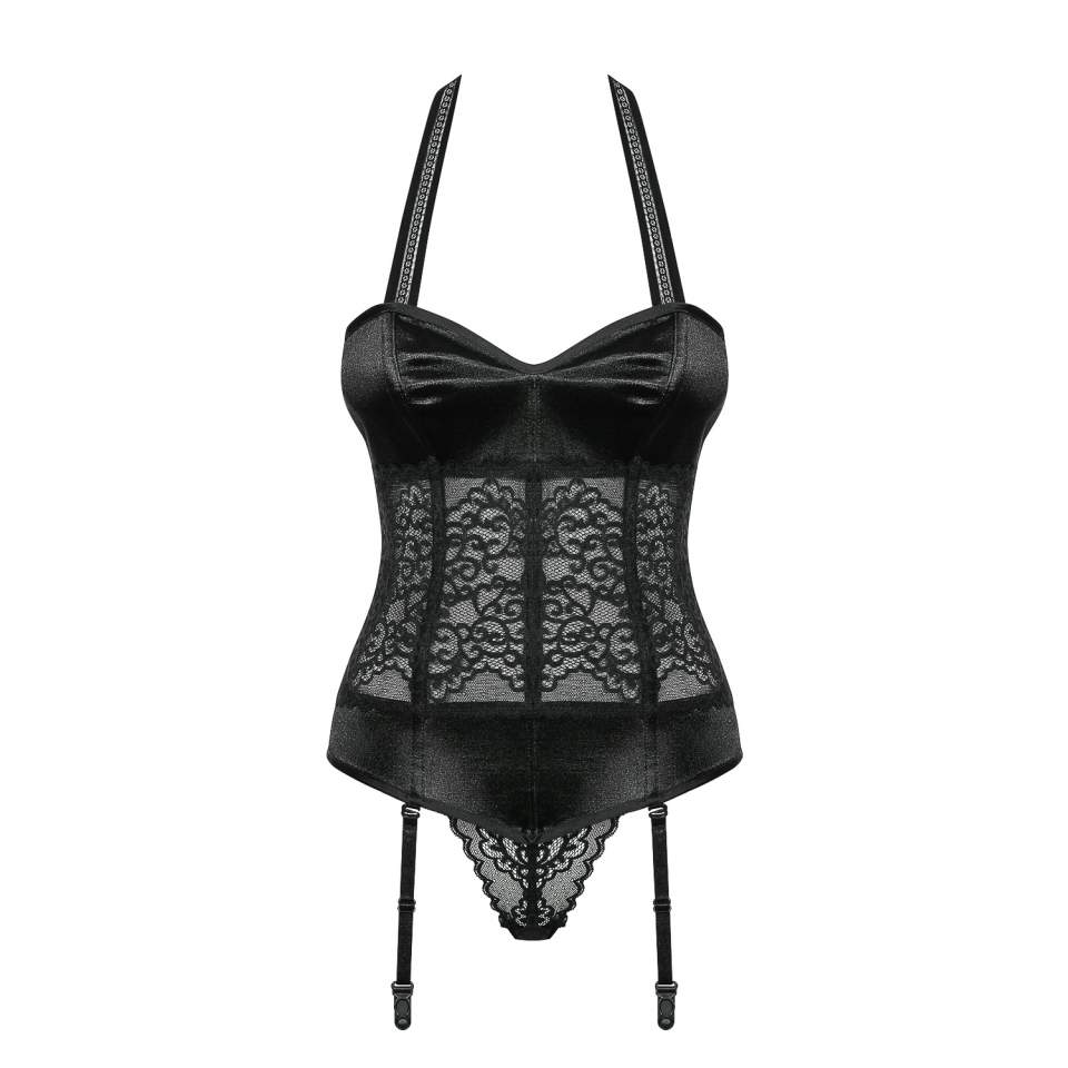 Seksowny gorset Obsessive Ailay z czarną koronką + koronkowe stringi
