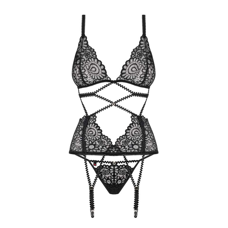 Czarny gorset Obsessive Mixty z seksownymi paskami i stringami w komplecie