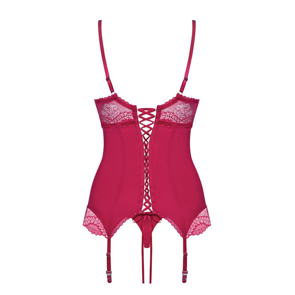 Czerwony gorset Obsessive Rosalyne w komplecie ze stringami