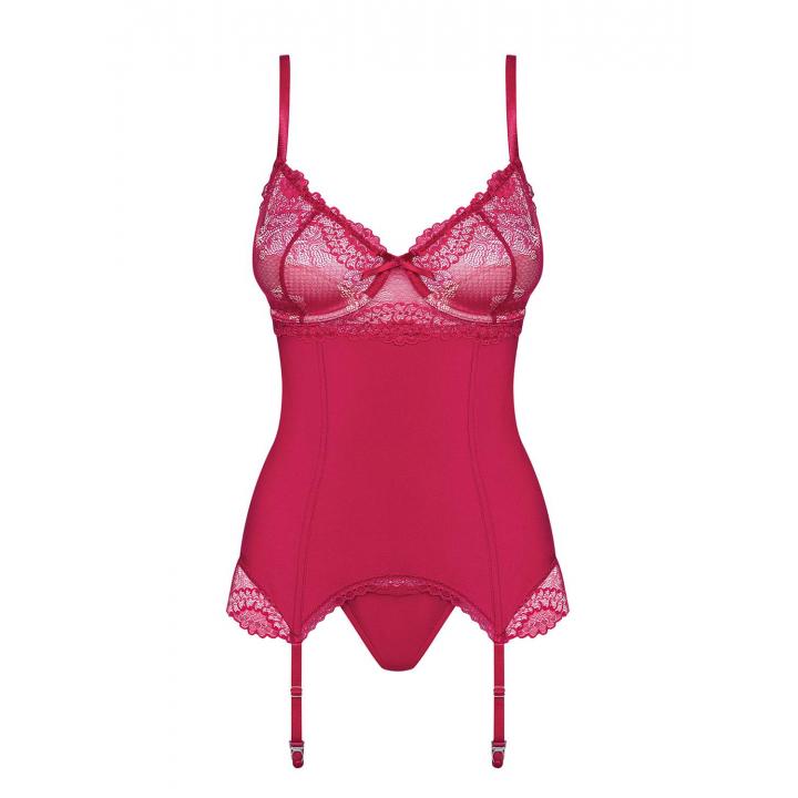 Czerwony gorset Obsessive Rosalyne w komplecie ze stringami
