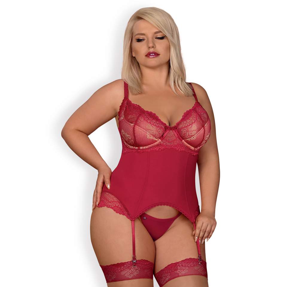 Czerwony gorset Obsessive Rosalyne w komplecie ze stringami