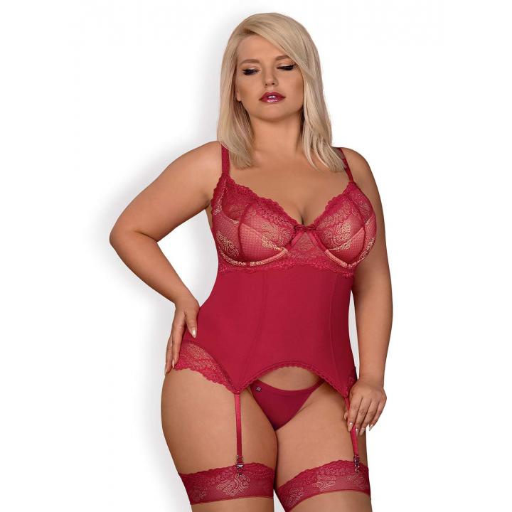 Czerwony gorset Obsessive Rosalyne w komplecie ze stringami