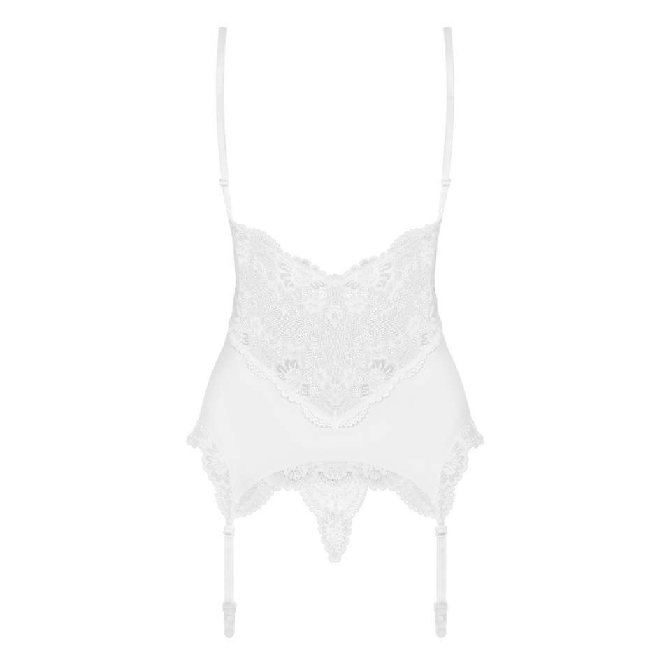 Biały gorset Obsessive 810-COR-2 z koronkową wstawką + stringi