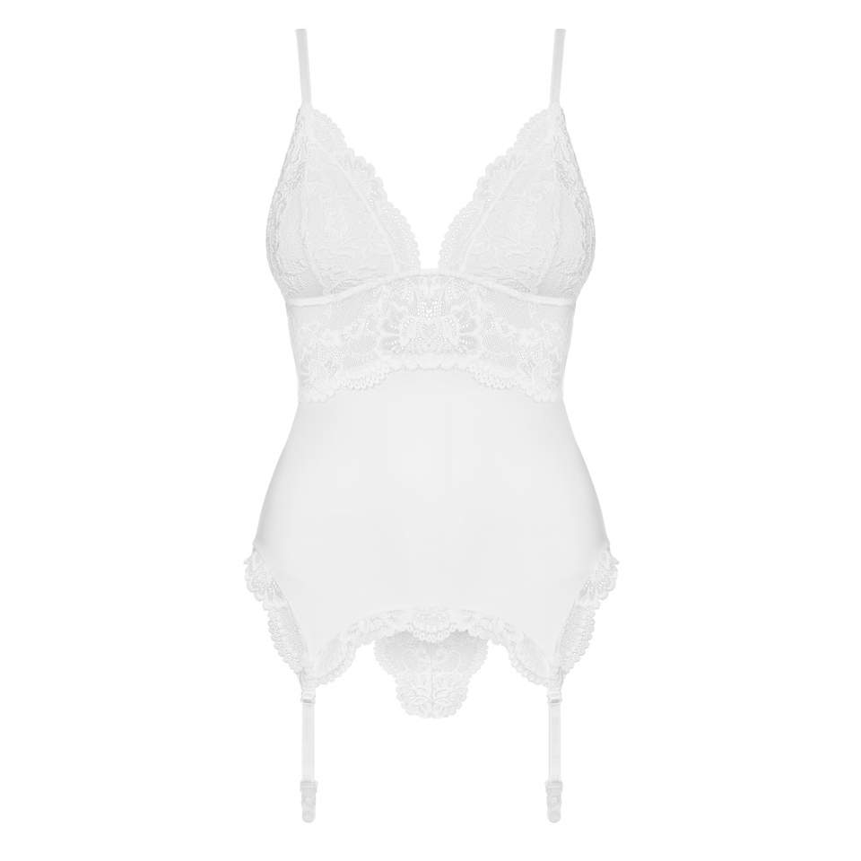 Biały gorset Obsessive 810-COR-2 z koronkową wstawką + stringi