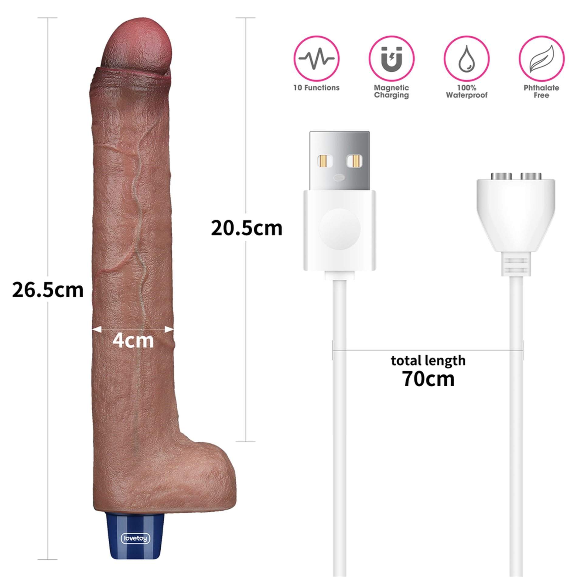 Realistyczny wodoodporny silikonowy wibrator: 10 trybów potężnych wibracji, ładowanie USB- 26,5cm