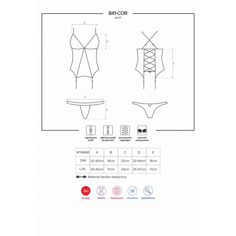 Czarny gorset Obsessive 841-COR-1 elegancki i seksowny + stringi