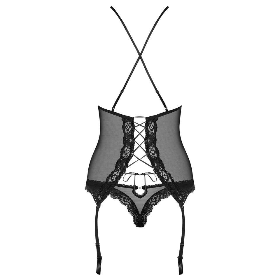 Czarny gorset Obsessive 841-COR-1 elegancki i seksowny + stringi