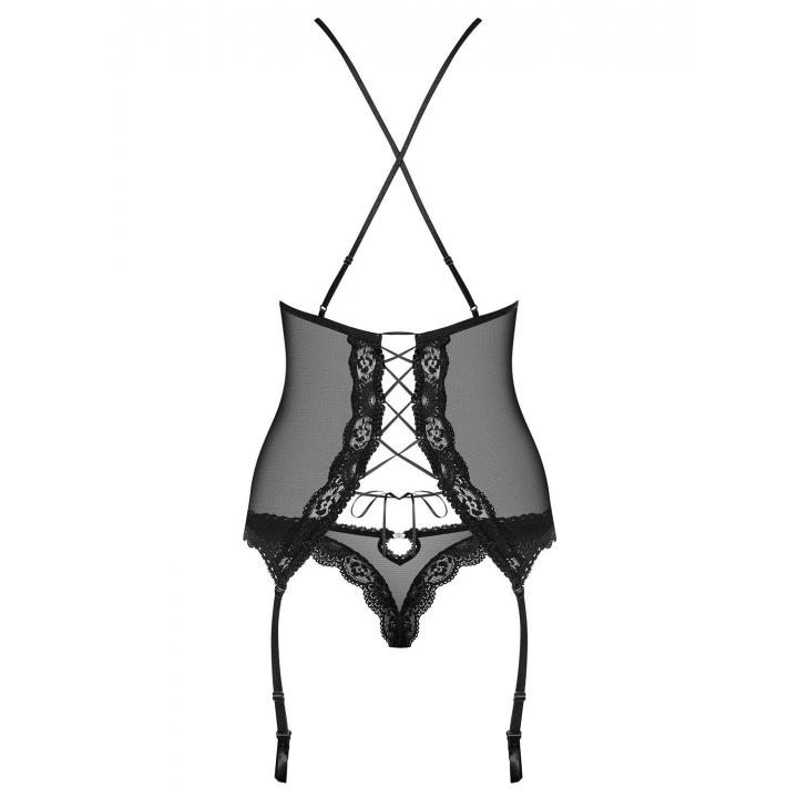 Czarny gorset Obsessive 841-COR-1 elegancki i seksowny + stringi