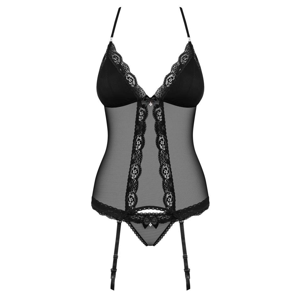 Czarny gorset Obsessive 841-COR-1 elegancki i seksowny + stringi