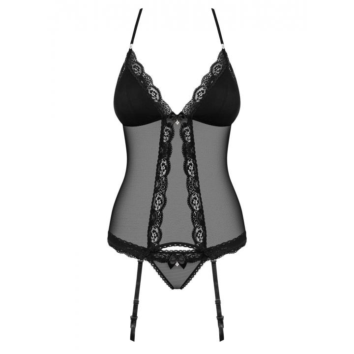 Czarny gorset Obsessive 841-COR-1 elegancki i seksowny + stringi