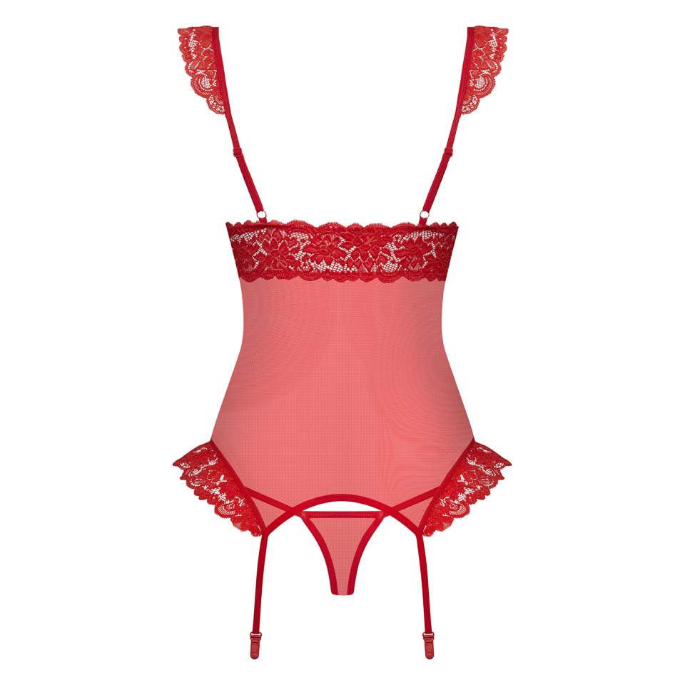 Czerwony gorset Obsessive 863-COR-3 z falbankami i koronką
