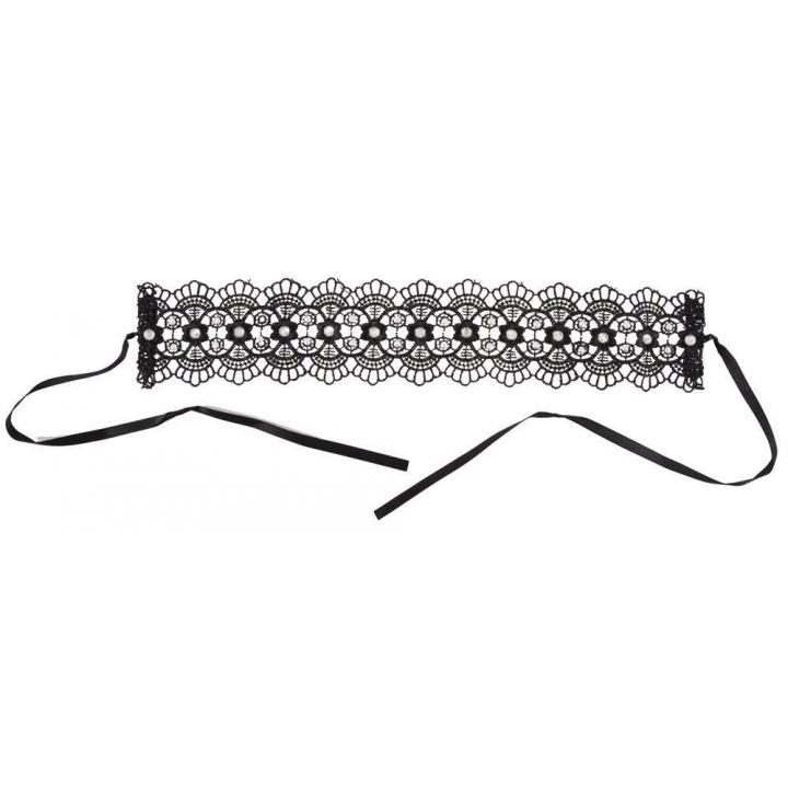 Czarny haftowany choker z perełkami i cyrkoniami
