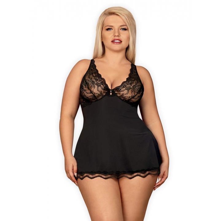 Czarna koszulka babydoll Obsessive Luvae ze stringami w komplecie