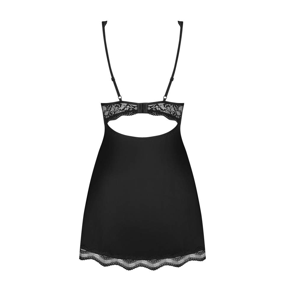 Czarna koszulka babydoll Obsessive Luvae ze stringami w komplecie