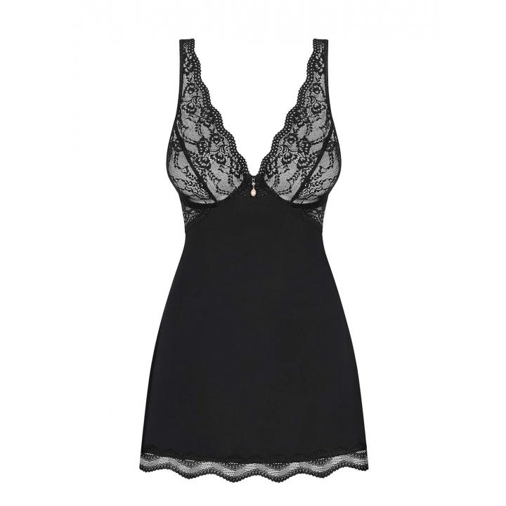 Czarna koszulka babydoll Obsessive Luvae ze stringami w komplecie