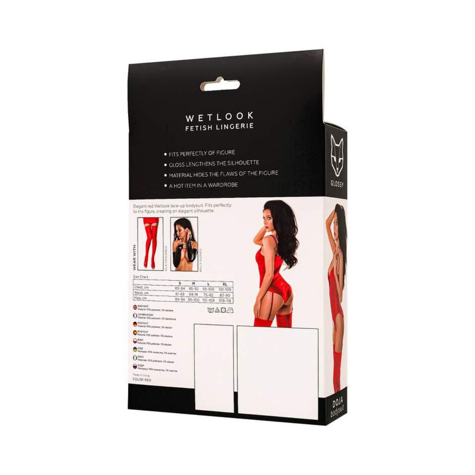 Klasyczne czerwone body wiązane z przodu wykonane z materiału Wetlook Glossy Doja