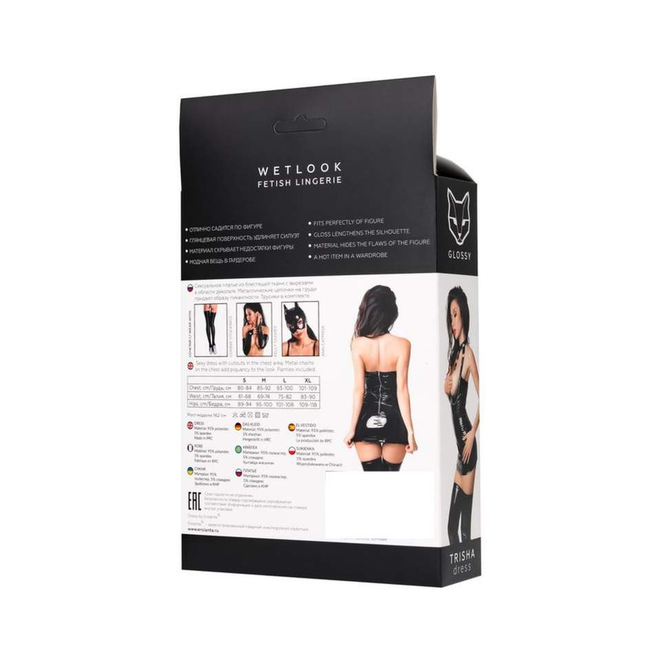 Czarna koszulka / sukienka z otwartym przodem zapinana na szyi z łańcuchami Glossy Trisha