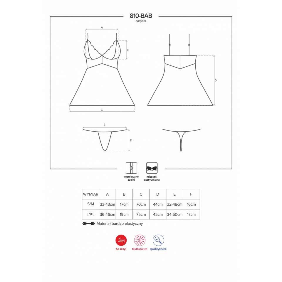 Klasyczna czarna koszulka babydoll Obsessive 810-BAB ze stringami