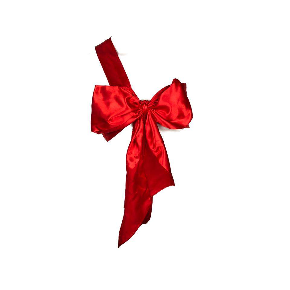 Czerwony, seksowny kostium w kształcie kokardy prezentowej