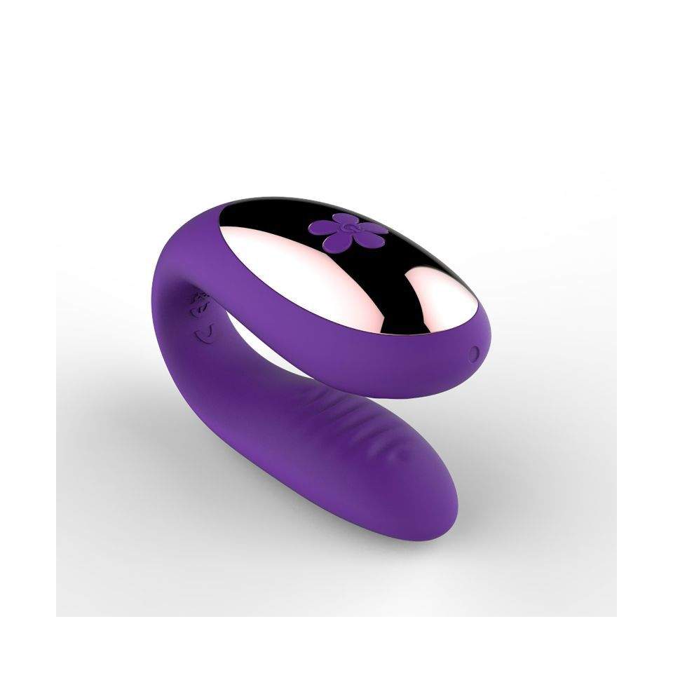 Fioletowy wibrator dla par stymulujacy jednocześnie łechtaczkę, punkt G i penisa- sterowany pilotem